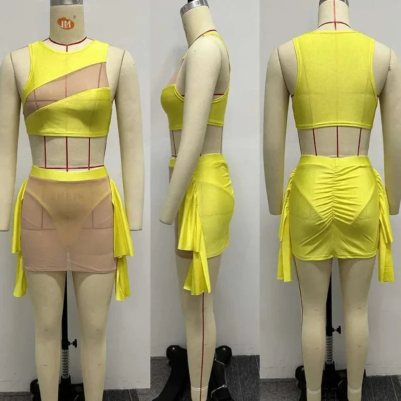 Sexy Mesh See-through Patchwork 2 Piece Sets Women Outfit Festival Clothing Tank Crop Top and Mini Skirt Set Night Club Outfits