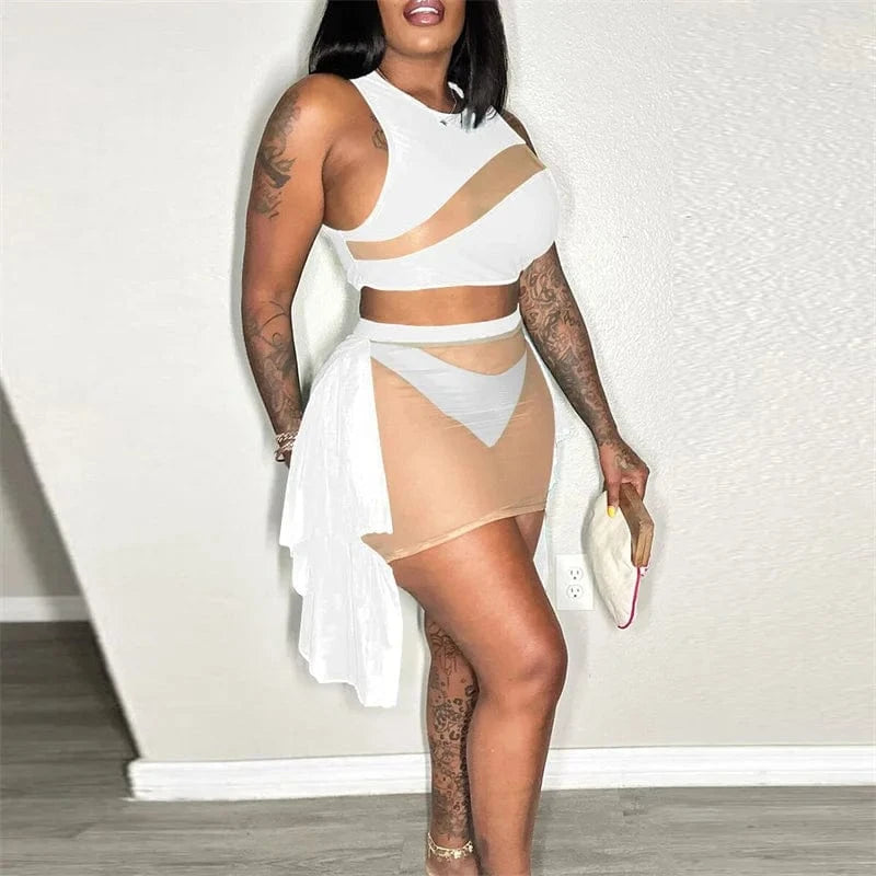 Sexy Mesh See-through Patchwork 2 Piece Sets Women Outfit Festival Clothing Tank Crop Top and Mini Skirt Set Night Club Outfits