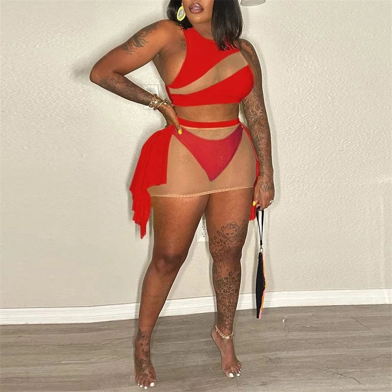 Sexy Mesh See-through Patchwork 2 Piece Sets Women Outfit Festival Clothing Tank Crop Top and Mini Skirt Set Night Club Outfits