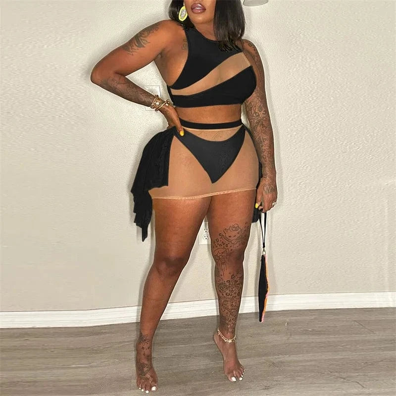 Sexy Mesh See-through Patchwork 2 Piece Sets Women Outfit Festival Clothing Tank Crop Top and Mini Skirt Set Night Club Outfits