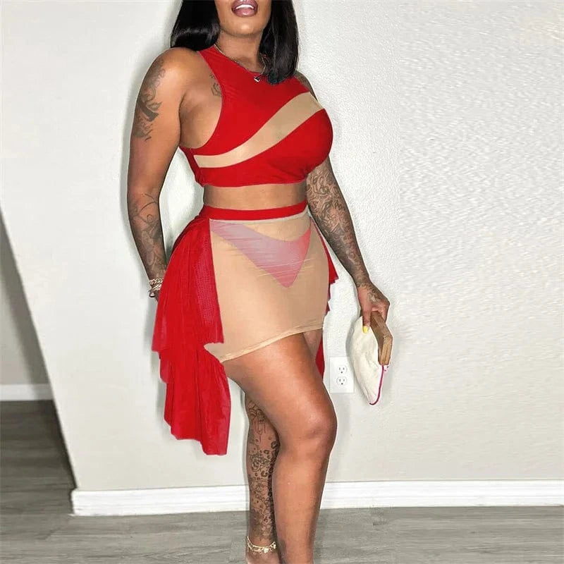 Sexy Mesh See-through Patchwork 2 Piece Sets Women Outfit Festival Clothing Tank Crop Top and Mini Skirt Set Night Club Outfits
