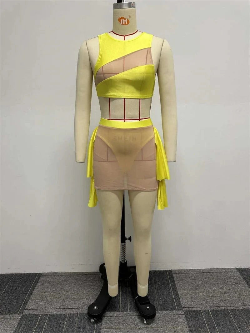 Sexy Mesh See-through Patchwork 2 Piece Sets Women Outfit Festival Clothing Tank Crop Top and Mini Skirt Set Night Club Outfits