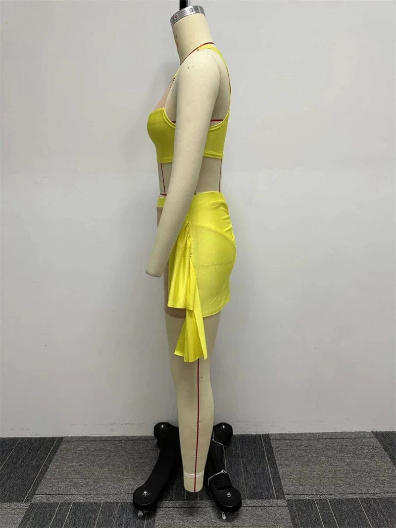 Sexy Mesh See-through Patchwork 2 Piece Sets Women Outfit Festival Clothing Tank Crop Top and Mini Skirt Set Night Club Outfits