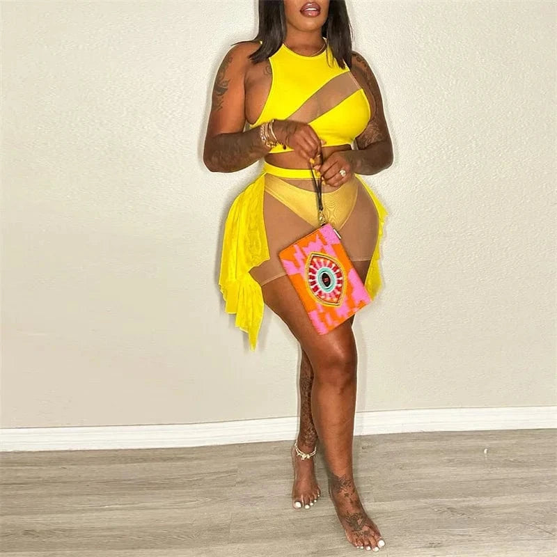 Sexy Mesh See-through Patchwork 2 Piece Sets Women Outfit Festival Clothing Tank Crop Top and Mini Skirt Set Night Club Outfits