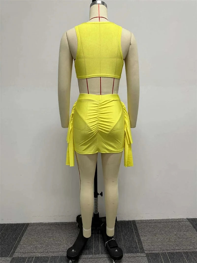 Sexy Mesh See-through Patchwork 2 Piece Sets Women Outfit Festival Clothing Tank Crop Top and Mini Skirt Set Night Club Outfits