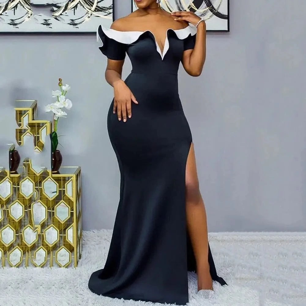 Sexy Off Shoulder Evening Short Party Dress Dark Blue Ruffles Elegant Women Slim High Slit Wedding Club