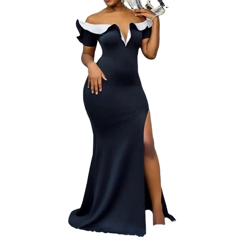 Sexy Off Shoulder Evening Short Party Dress Dark Blue Ruffles Elegant Women Slim High Slit Wedding Club