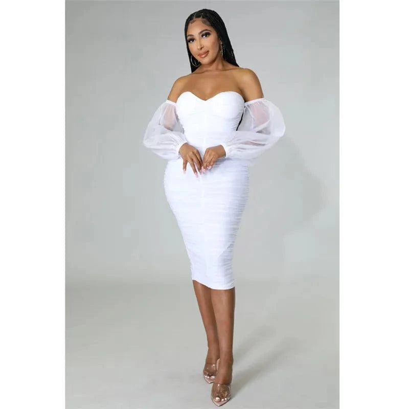 Sexy Off Shoulder Mesh Lantern Sleeve Bodycon Midi Dress for Women Elegant Party Club Night Ruched Formal Pencil Dress Vestidos