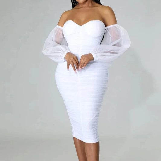 Sexy Off Shoulder Mesh Lantern Sleeve Bodycon Midi Dress for Women Elegant Party Club Night Ruched Formal Pencil Dress Vestidos