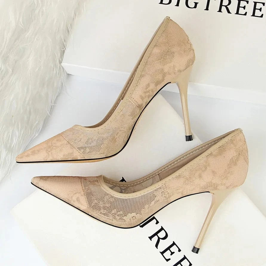 Sexy Office Lady Stiletto High Heel Shallow Mouth Pointed Toe Shoes Mesh Hollow Lace Women's Pumps