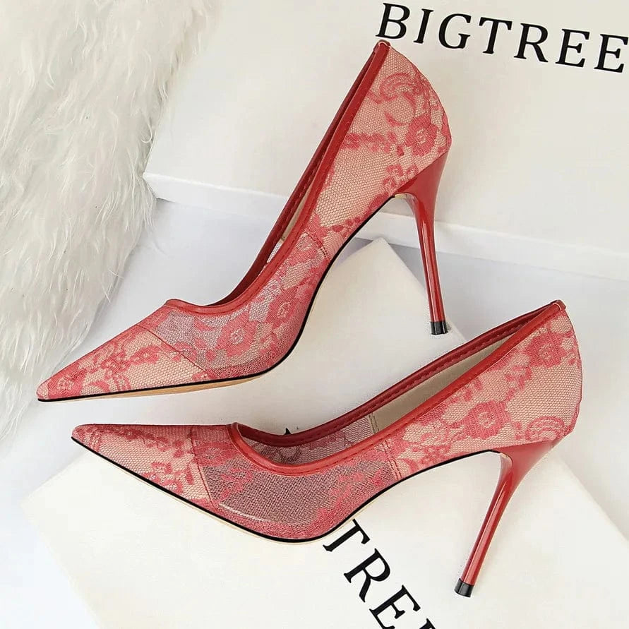 Sexy Office Lady Stiletto High Heel Shallow Mouth Pointed Toe Shoes Mesh Hollow Lace Women's Pumps