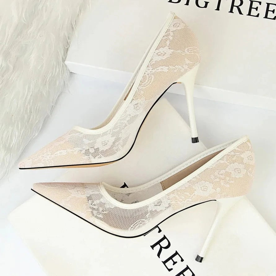 Sexy Office Lady Stiletto High Heel Shallow Mouth Pointed Toe Shoes Mesh Hollow Lace Women's Pumps
