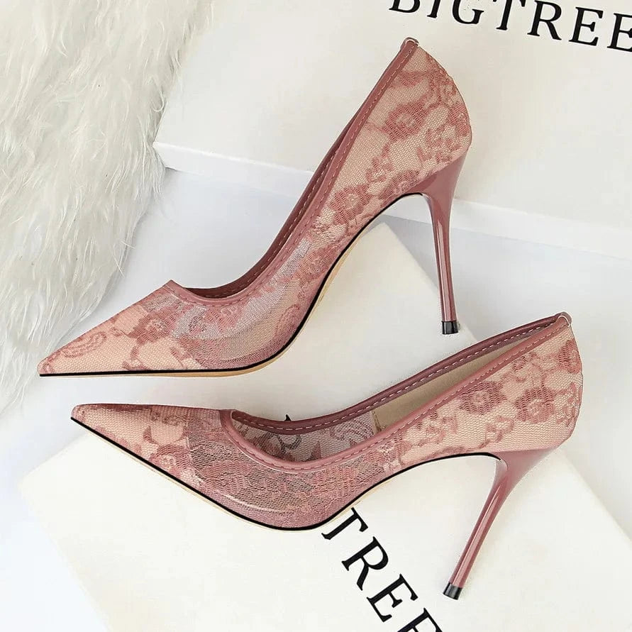 Sexy Office Lady Stiletto High Heel Shallow Mouth Pointed Toe Shoes Mesh Hollow Lace Women's Pumps