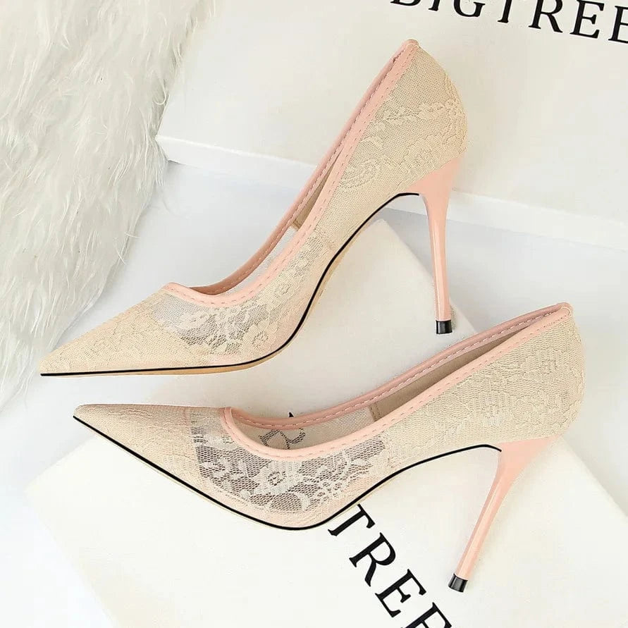 Sexy Office Lady Stiletto High Heel Shallow Mouth Pointed Toe Shoes Mesh Hollow Lace Women's Pumps