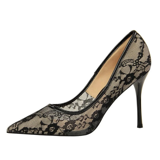 Sexy Office Lady Stiletto High Heel Shallow Mouth Pointed Toe Shoes Mesh Hollow Lace Women's Pumps