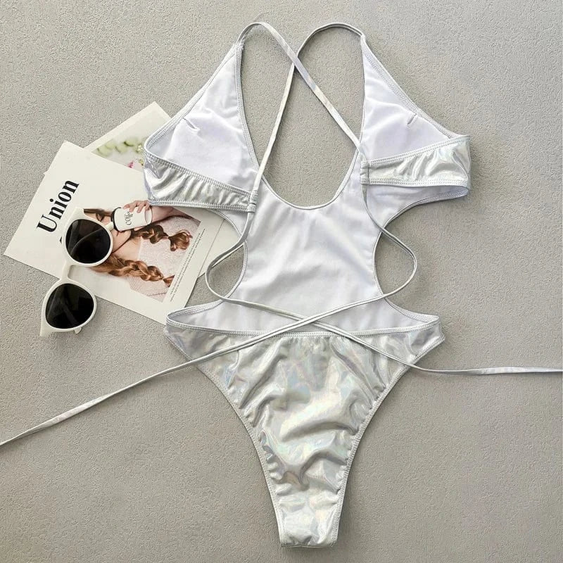 Sexy One Piece Swimwear Shiny Sparkle Swimsuit Women Cheeky Monokini High Leg Cut Bathing Suit 2024 Halter Brazilian Biquini