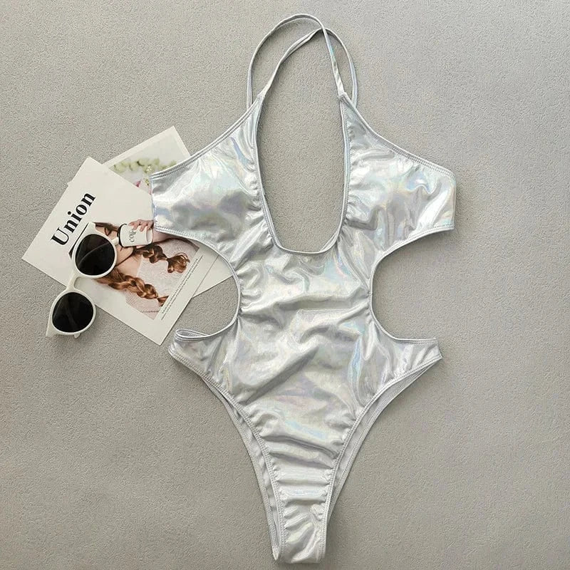 Sexy One Piece Swimwear Shiny Sparkle Swimsuit Women Cheeky Monokini High Leg Cut Bathing Suit 2024 Halter Brazilian Biquini