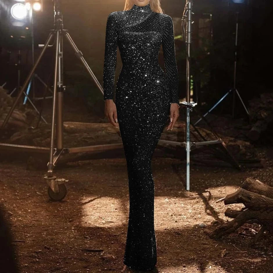Sexy One Shoulder Mesh Hollow Out Bodycon Long-sleeved Women Sequins Evening Dress For Party