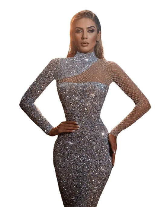 Sexy One Shoulder Mesh Hollow Out Bodycon Long-sleeved Women Sequins Evening Dress For Party