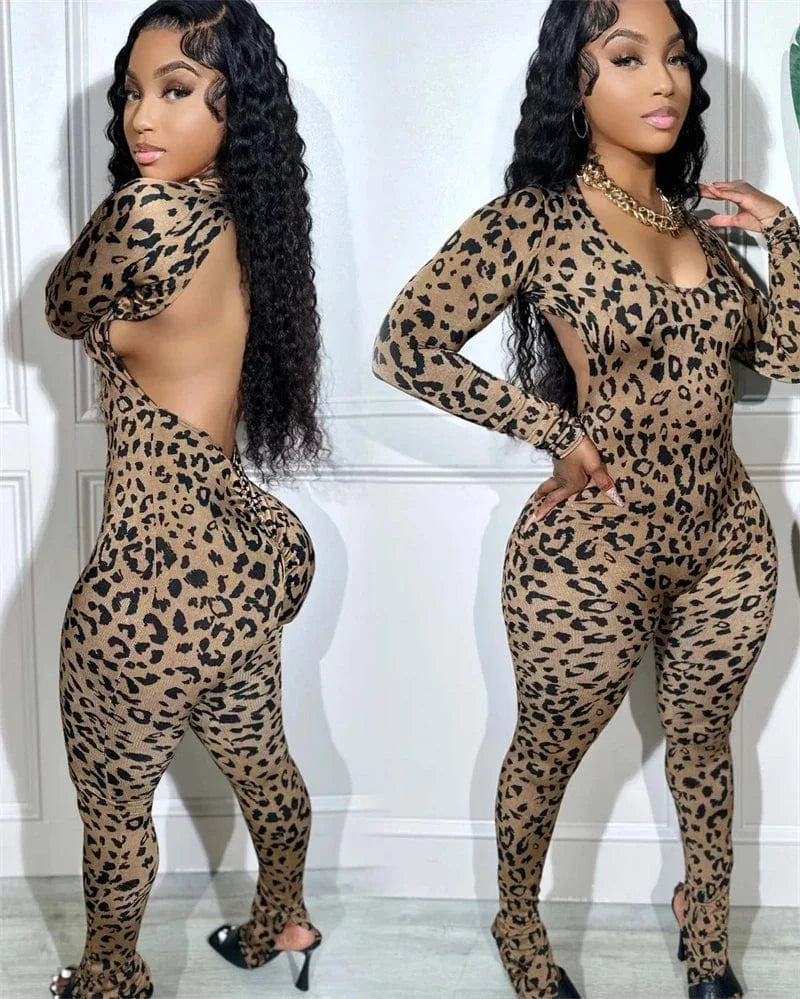 Sexy Open Back Leopard Jumpsuits Women Long Sleeve V-neck Skinny Split Flare Pants Rompers Clubwear Party One Piece Jumpsuit