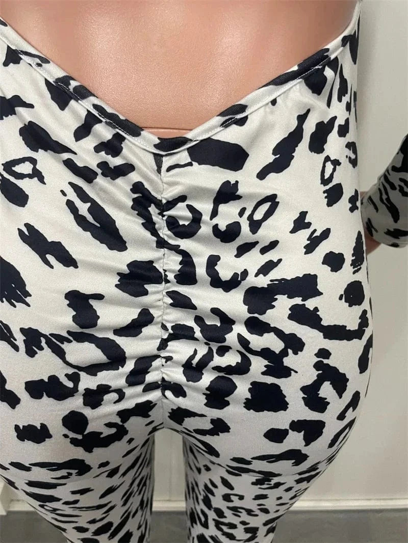 Sexy Open Back Leopard Jumpsuits Women Long Sleeve V-neck Skinny Split Flare Pants Rompers Clubwear Party One Piece Jumpsuit