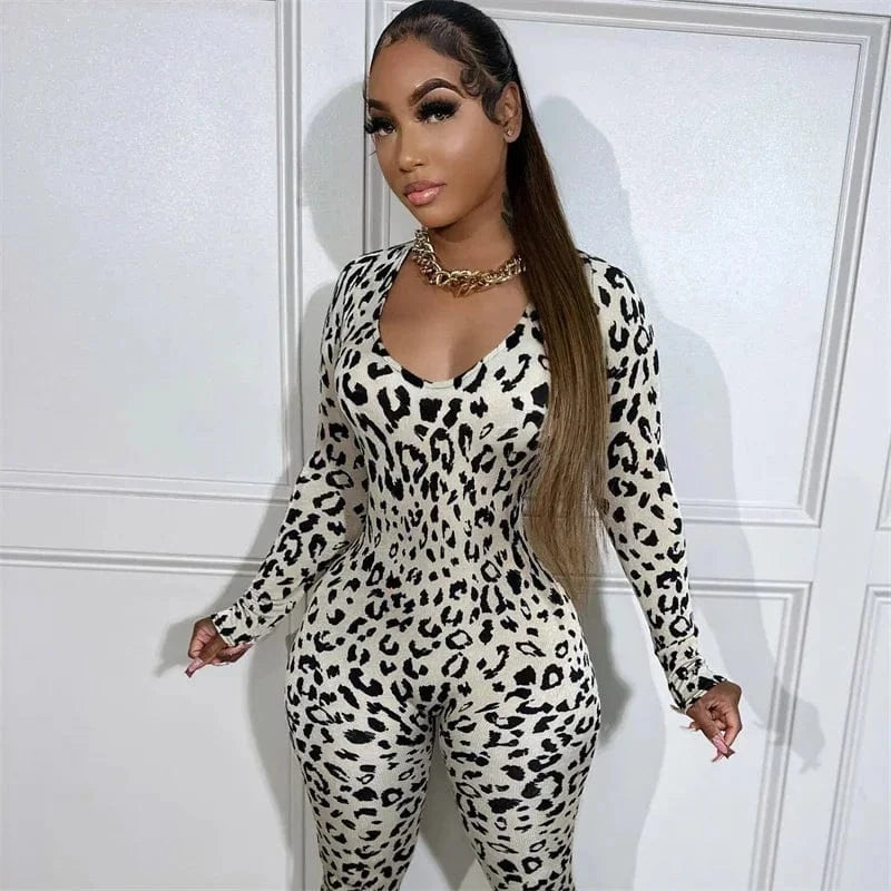 Sexy Open Back Leopard Jumpsuits Women Long Sleeve V-neck Skinny Split Flare Pants Rompers Clubwear Party One Piece Jumpsuit