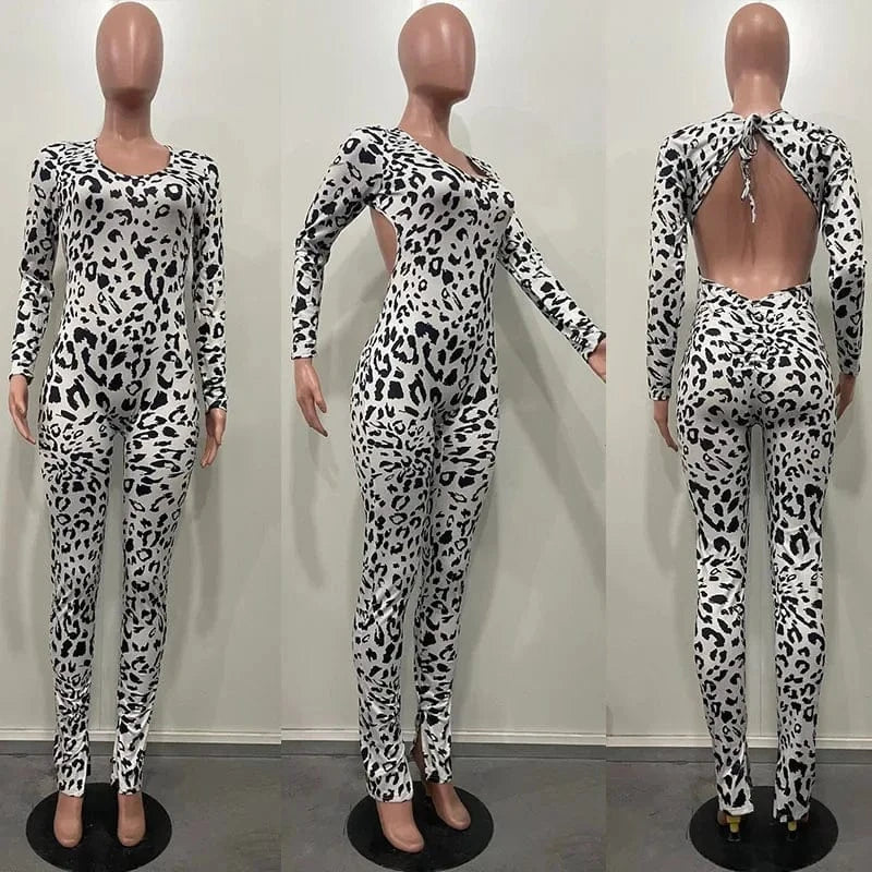 Sexy Open Back Leopard Jumpsuits Women Long Sleeve V-neck Skinny Split Flare Pants Rompers Clubwear Party One Piece Jumpsuit