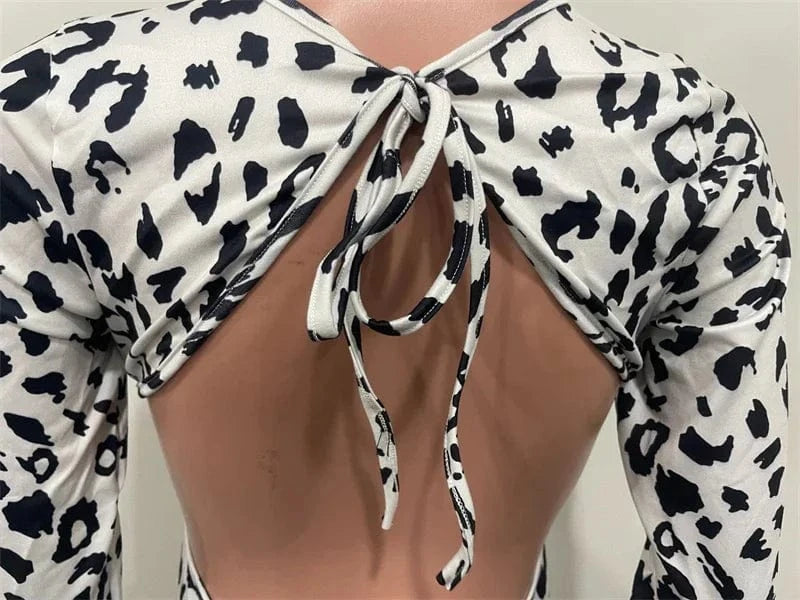 Sexy Open Back Leopard Jumpsuits Women Long Sleeve V-neck Skinny Split Flare Pants Rompers Clubwear Party One Piece Jumpsuit
