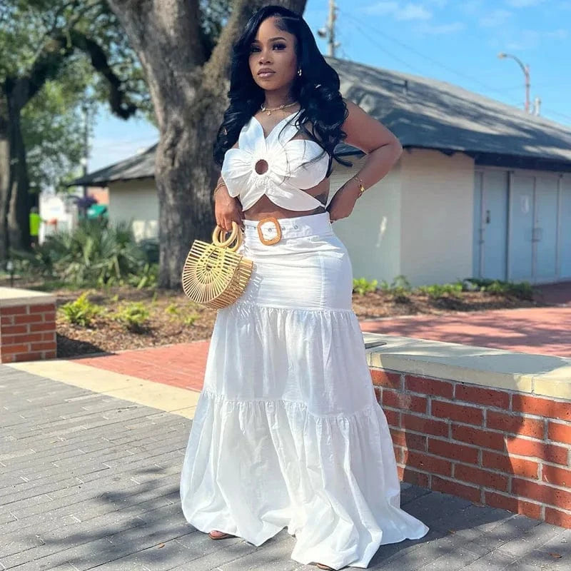 Sexy Party Club 2 Piece Sets Women Outfit Summer Dress Flower Crop Top and Long Skirt Set Elegant Vacation Festival Outfits