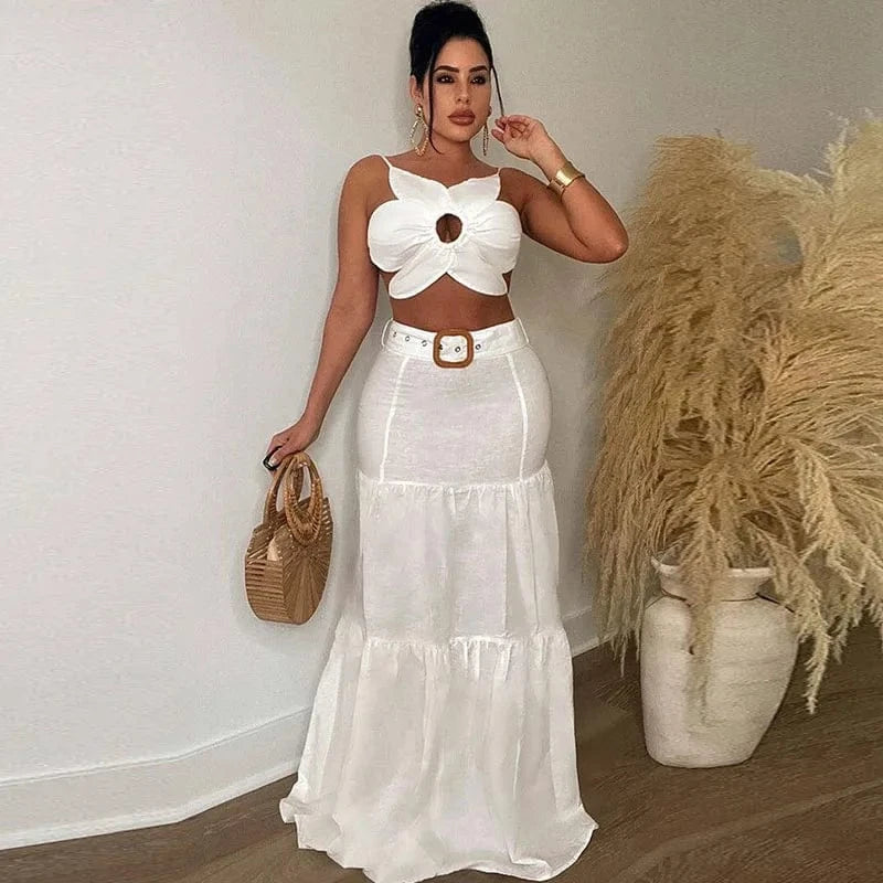 Sexy Party Club 2 Piece Sets Women Outfit Summer Dress Flower Crop Top and Long Skirt Set Elegant Vacation Festival Outfits