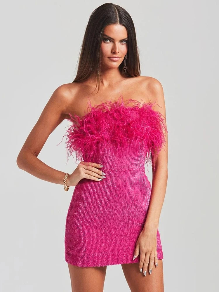 Sexy Pink / M / CHINA 2025 Summer Women Sexy Strapless Ostrich Feathers Sequins Hot Pink Violet Bodycon Dress High Street Party Dress Vestidos