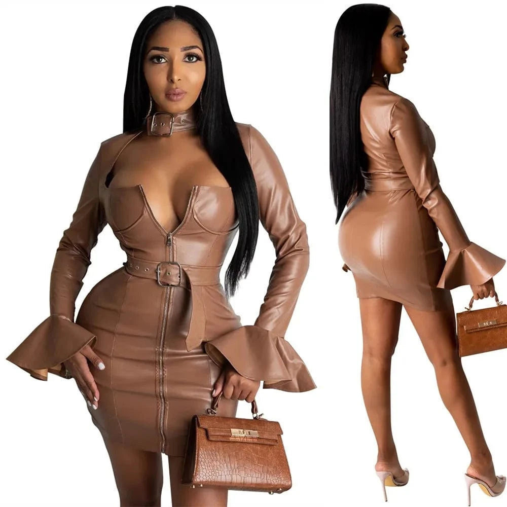 Sexy PU Faux Leather Dress with Belt Women Elegant Long Flare Sleeve Zipper Bodycon Night Short Party Mini Club Dresses Vestidos