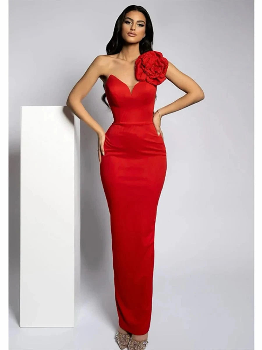 Sexy Red / L / CHINA Women's Sexy Glamorous Red One Shoulder Ankle-Length Dress with Large Flower Luxurious Temperament Evening Party Dress