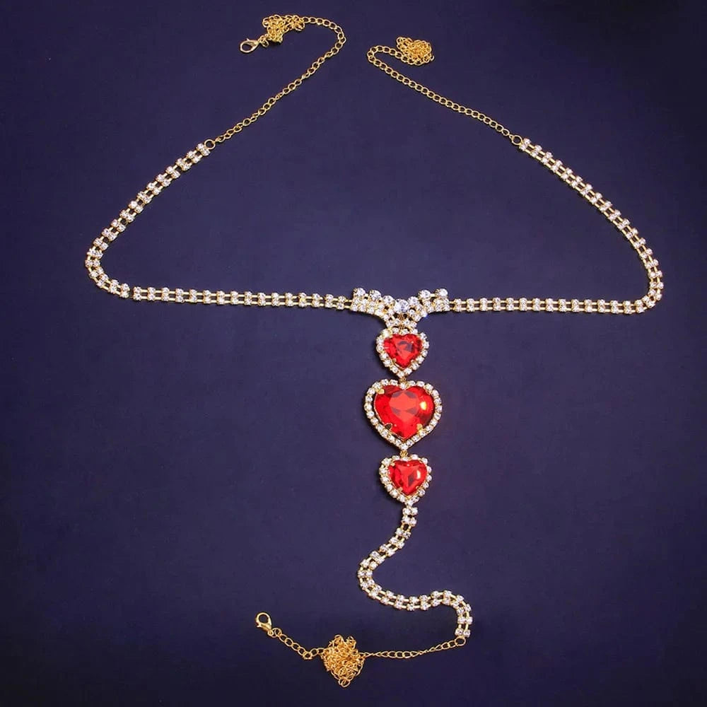 Sexy Red Panties Crystal Heart Thong for Women Waist Belly Chain Bikini Crystal Body Chain Jewelry