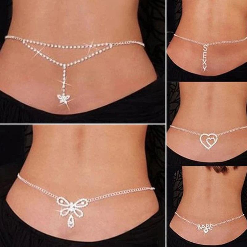 Sexy Rhinestone butterfly Heart Belly Chain Fashion Bikini Waist Chain Body Jewelry Women Summer Accessories