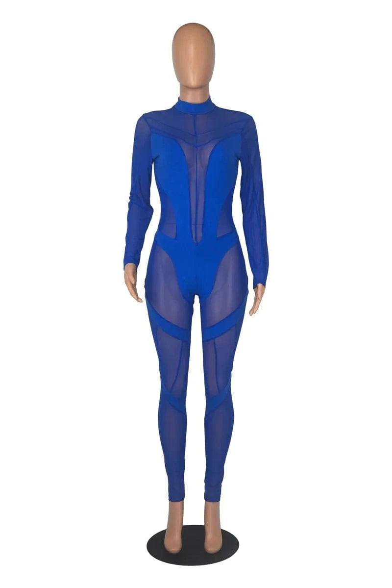 Sexy Sheer Mesh Jumpsuits Women Party Club Outfits Skinny Patchwork Long Sleeve See Through Rompers Womens Jumpsuit Midnight