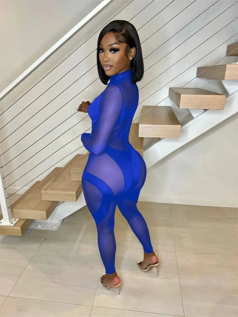 Sexy Sheer Mesh Jumpsuits Women Party Club Outfits Skinny Patchwork Long Sleeve See Through Rompers Womens Jumpsuit Midnight