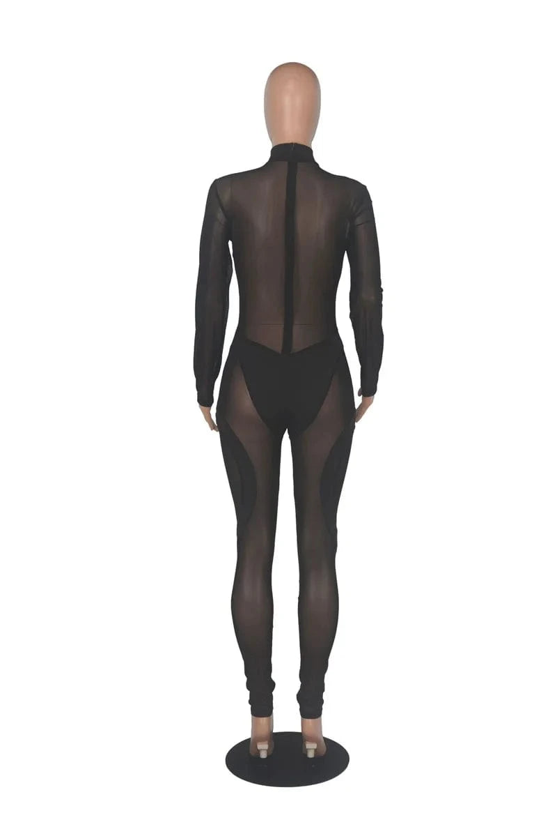 Sexy Sheer Mesh Jumpsuits Women Party Club Outfits Skinny Patchwork Long Sleeve See Through Rompers Womens Jumpsuit Midnight