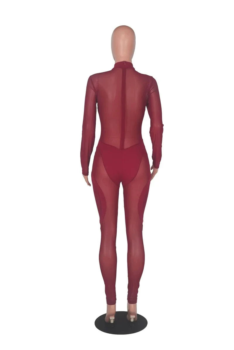 Sexy Sheer Mesh Jumpsuits Women Party Club Outfits Skinny Patchwork Long Sleeve See Through Rompers Womens Jumpsuit Midnight