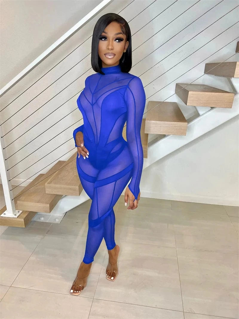 Sexy Sheer Mesh Jumpsuits Women Party Club Outfits Skinny Patchwork Long Sleeve See Through Rompers Womens Jumpsuit Midnight