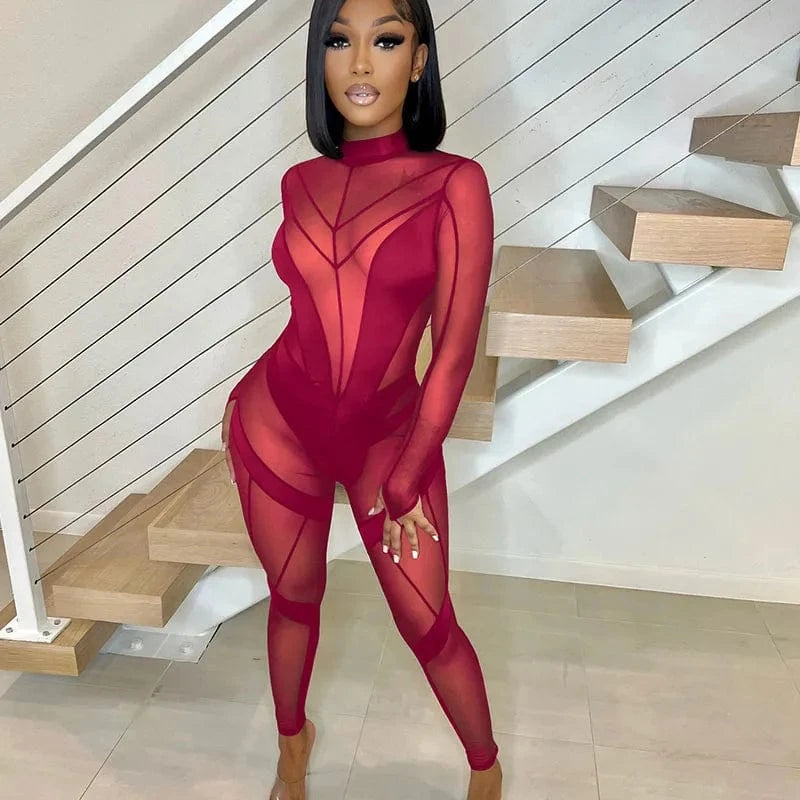 Sexy Sheer Mesh Jumpsuits Women Party Club Outfits Skinny Patchwork Long Sleeve See Through Rompers Womens Jumpsuit Midnight