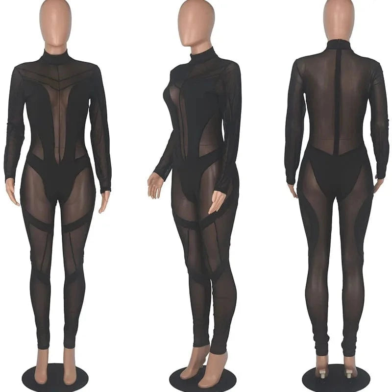Sexy Sheer Mesh Jumpsuits Women Party Club Outfits Skinny Patchwork Long Sleeve See Through Rompers Womens Jumpsuit Midnight
