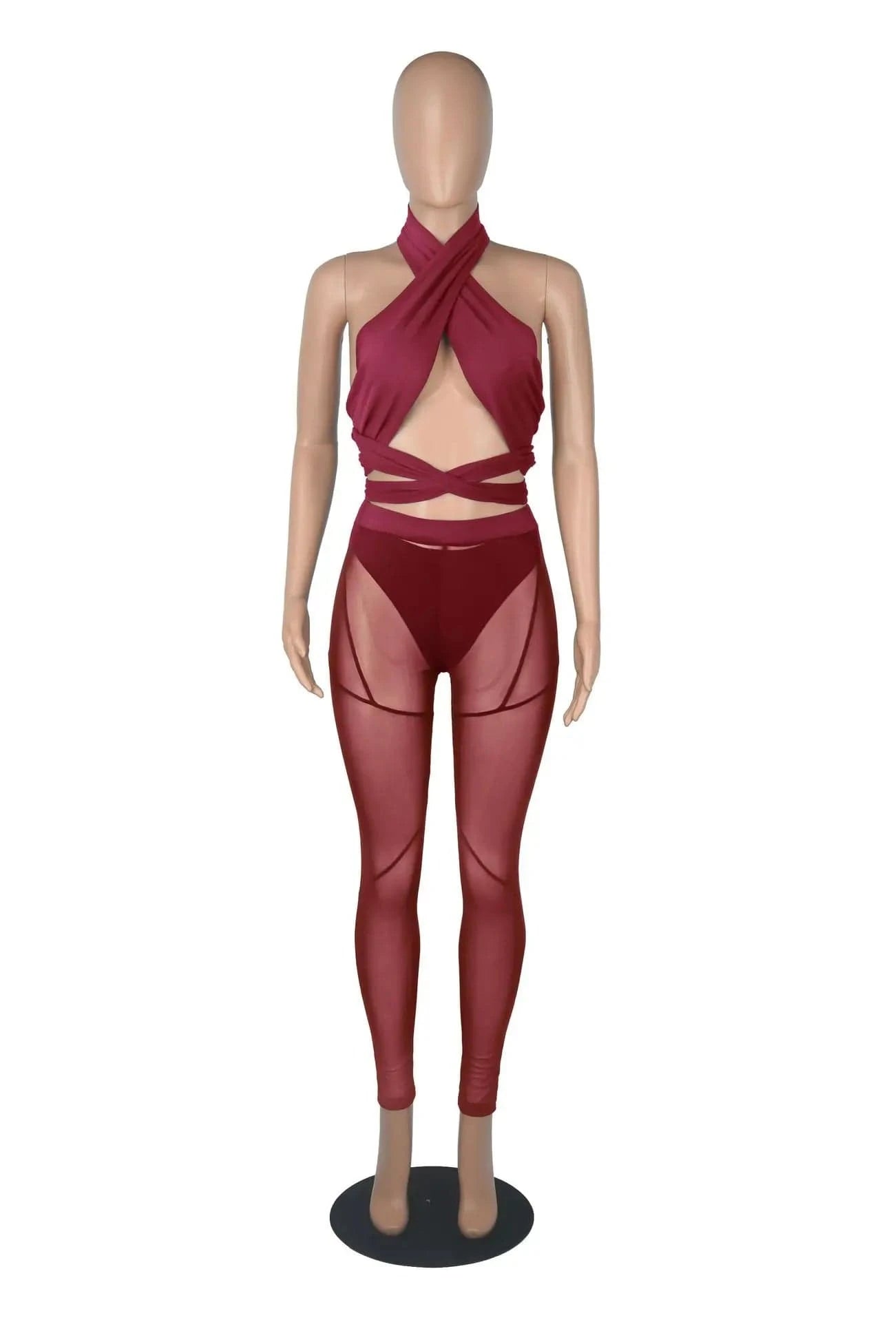 Sexy Sheer Mesh Two Piece Set Women Summer Tracksuit Solid Sleeveless Crop Tops Leggings Pants Outfit Party Club 2 Piece Sets
