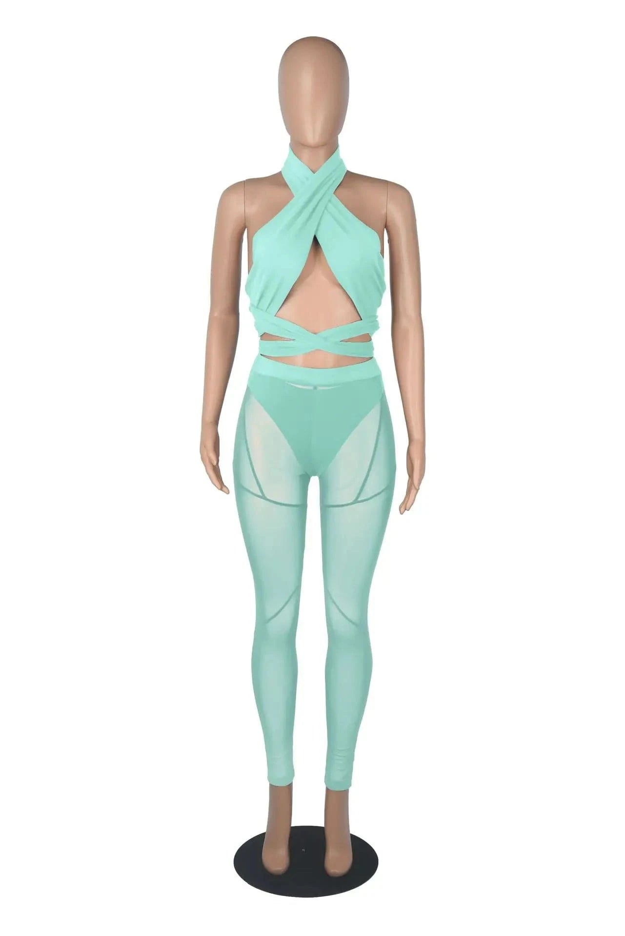 Sexy Sheer Mesh Two Piece Set Women Summer Tracksuit Solid Sleeveless Crop Tops Leggings Pants Outfit Party Club 2 Piece Sets