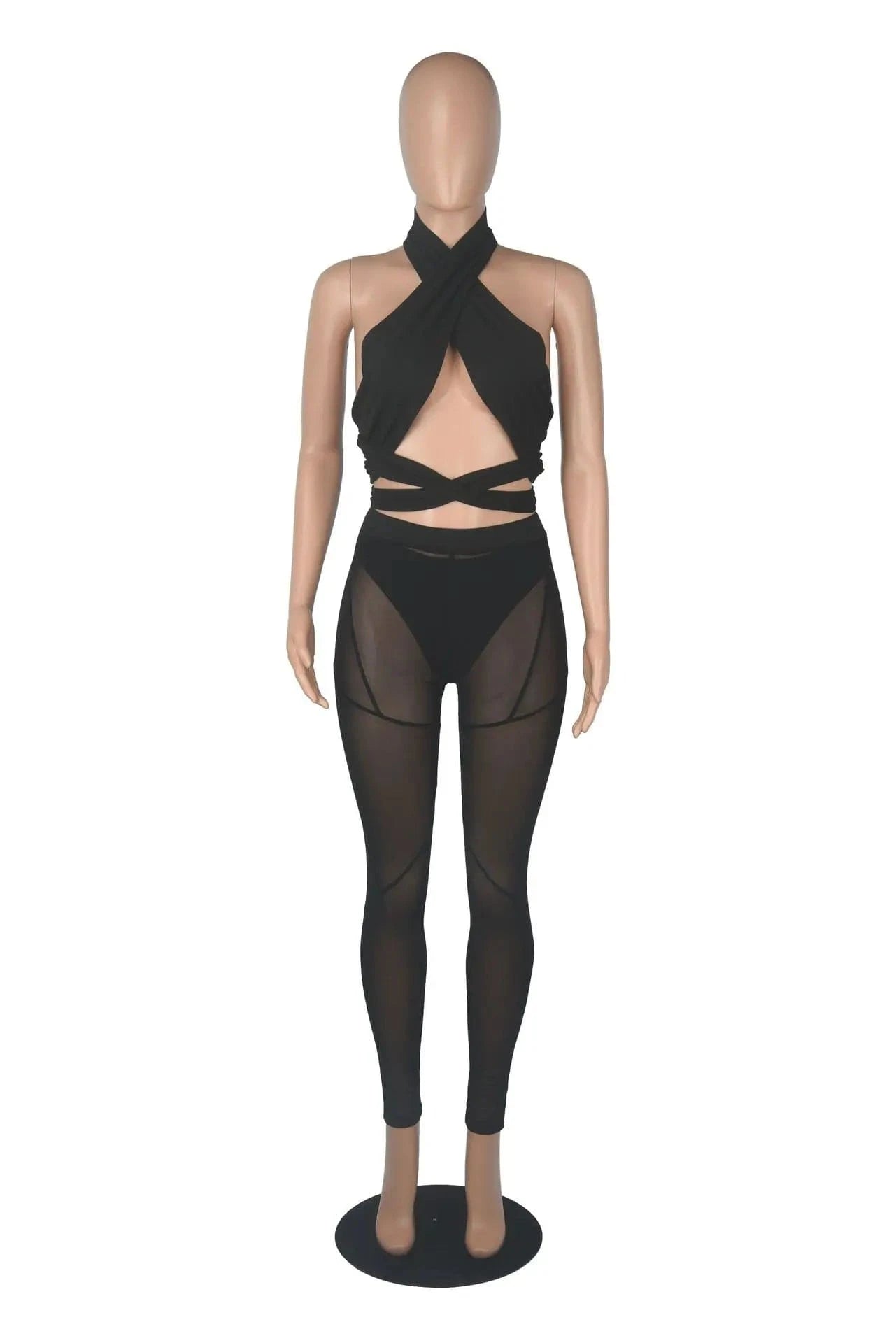 Sexy Sheer Mesh Two Piece Set Women Summer Tracksuit Solid Sleeveless Crop Tops Leggings Pants Outfit Party Club 2 Piece Sets