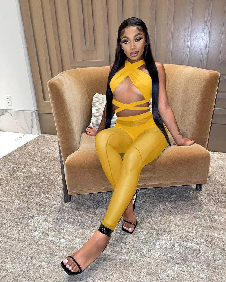 Sexy Sheer Mesh Two Piece Set Women Summer Tracksuit Solid Sleeveless Crop Tops Leggings Pants Outfit Party Club 2 Piece Sets