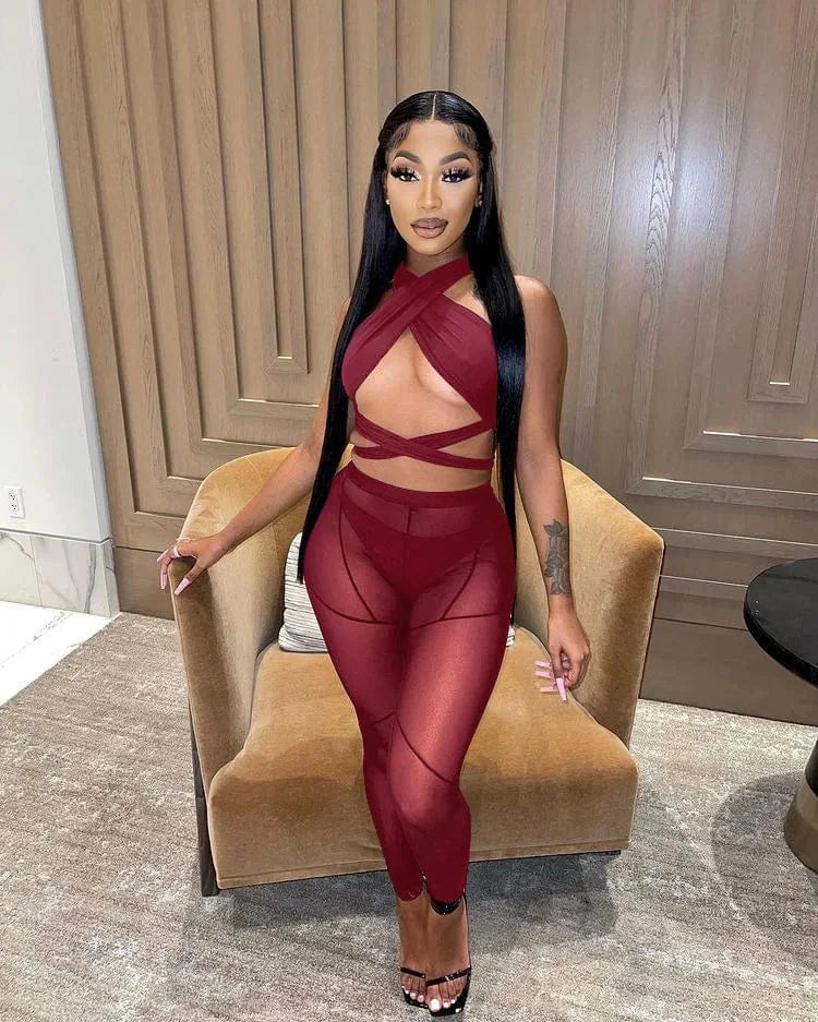 Sexy Sheer Mesh Two Piece Set Women Summer Tracksuit Solid Sleeveless Crop Tops Leggings Pants Outfit Party Club 2 Piece Sets