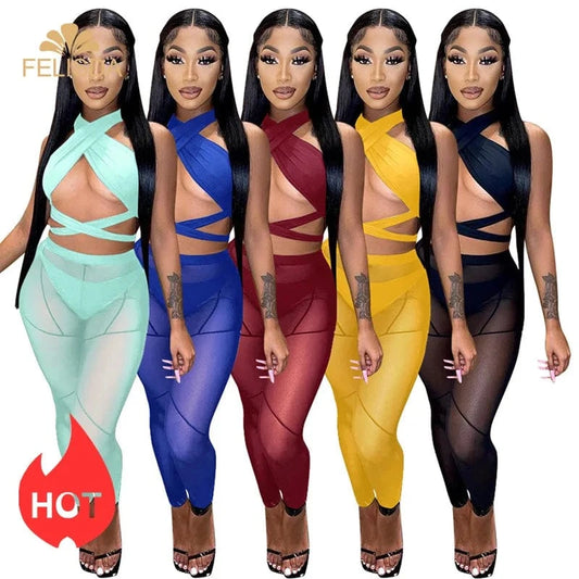 Sexy Sheer Mesh Two Piece Set Women Summer Tracksuit Solid Sleeveless Crop Tops Leggings Pants Outfit Party Club 2 Piece Sets