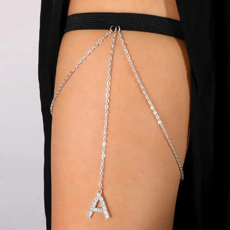 sexy / silver Sexy Letter A Rhinestone Leg Chain for Women Fashion Crystal Alphabet Elastic Thigh Chain Body Jewelry Wholesale