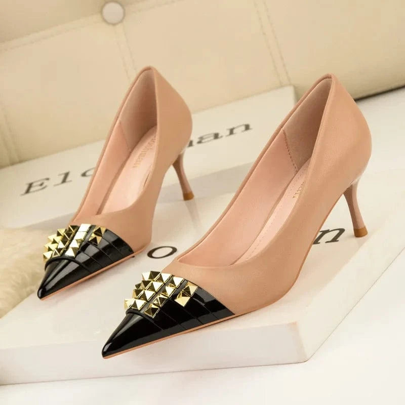 Sexy Slim High Heels Shoes Women Shoes Ladies Pump Shoes Thin Heels Shallow Pointed Rivet Ladies PU Rubber Solid Peep-toe Pumps
